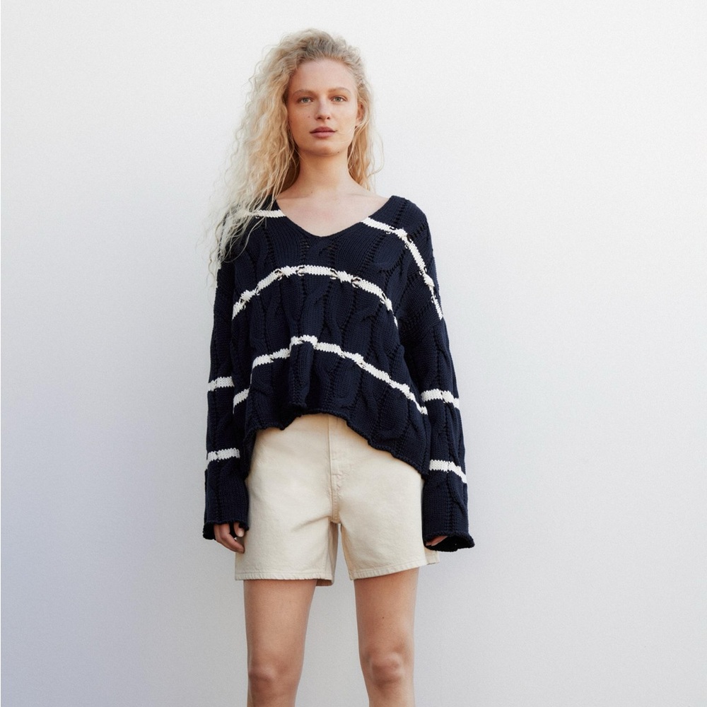 NWT Zara V-neck navy and white stripe cable knit sweater.